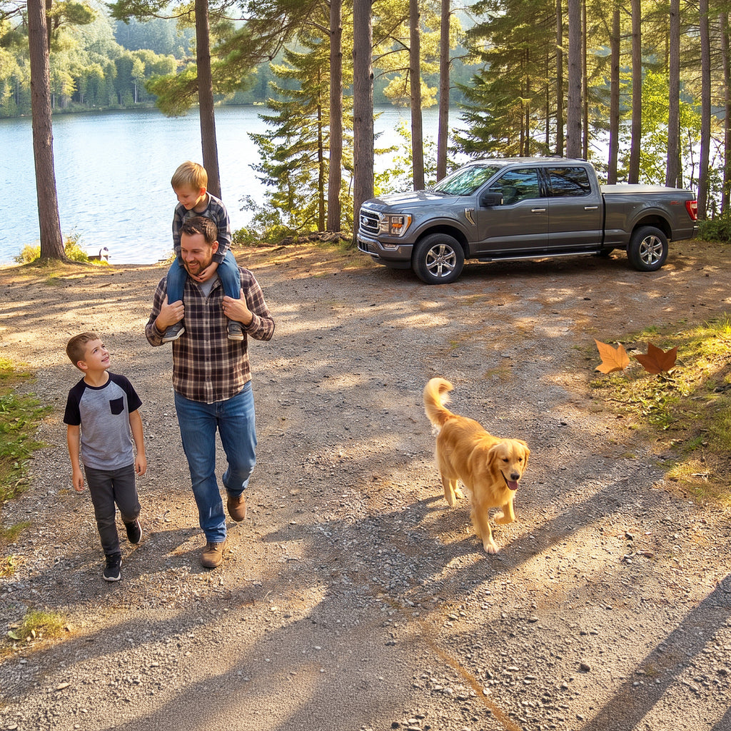 A family, pickup truck, dog, and chicken outside a lakeside cabin